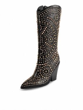 Black Leather Studded Mid-Calf WESTERN Boots with Gold Studs Sz 8 stacked heel